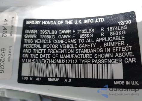 2021 Honda Civic Sport z USA, uszkodzony, nr VIN SHHFK7H43MU212112